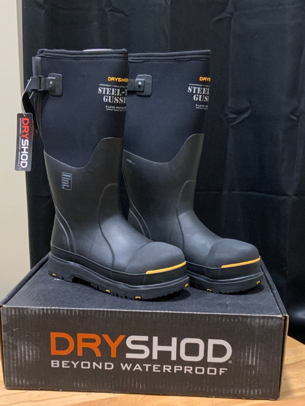 DRYSHOD Steel-Toe Waterproof Work Boots in Black with Yellow Accents